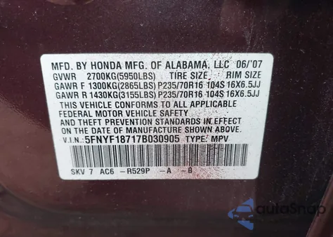 2007 Honda Pilot Ex-L z USA, uszkodzony, nr VIN 5FNYF18717B030905